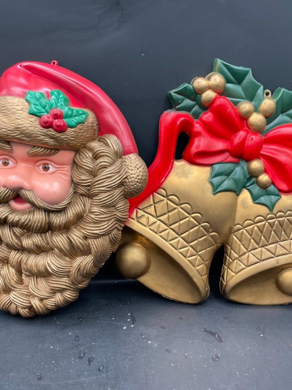Hard Plastic Hanging Christmas Holiday Decorations Santa Gold Beard Bells Holly